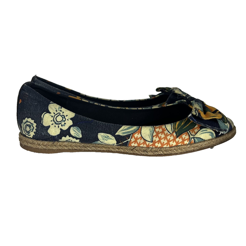 Tory Burch Navy, Cream & Orange Floral Bow Espadrille Ballet Flat